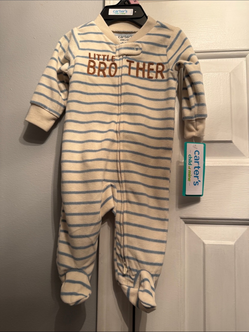 Carter's Cream and Light Blue Striped 'Little Brother' Footed One-Piece